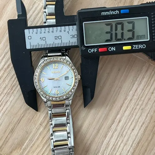 Seiko Solar Swarovski Crystals Ladies Watch Pearl Dial Two-Tone Bracelet Date