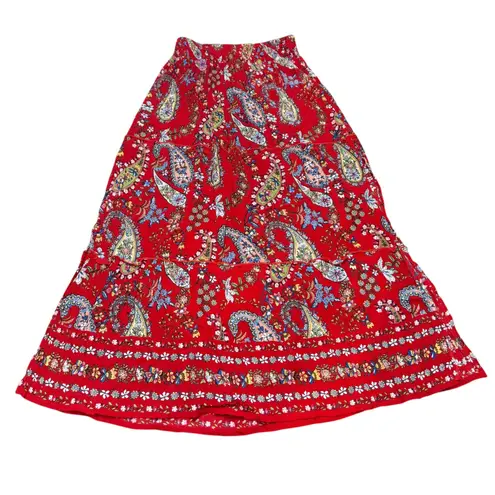 Bila Red Paisley Maxi Skirt Women's Size S Smocked Waist Tiered Floral Boho