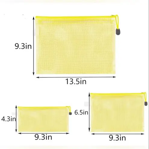 Set/3 Waterproof GREEN Document Zipper Travel Pouches, File Organizers, Clear