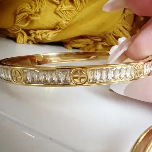 18K Gold Plated Zircon Nail Bangle Set Stainless Steel Flower Bracelet Womens