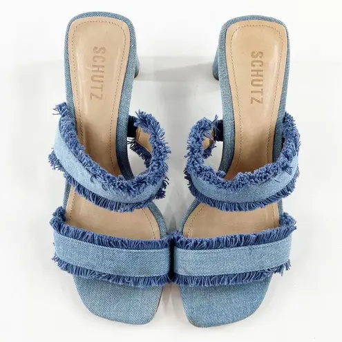 Schutz  Amely Slip On Fringed Double Strap Mid Block Denim Mule Sandal Blue 8