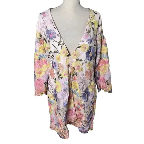 Boston Proper Pastel Embroidered Mesh Three Quarter Sleeve Hip Length Duster XL