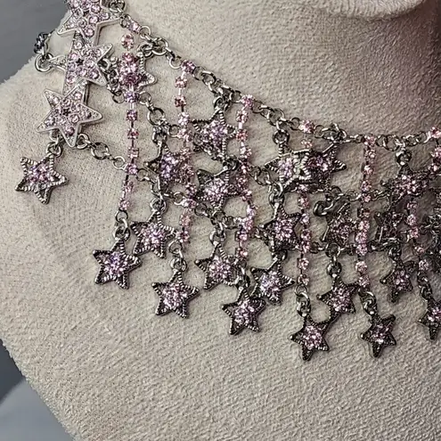 Statement Silver and Pink Crystal Stars Choker Necklace