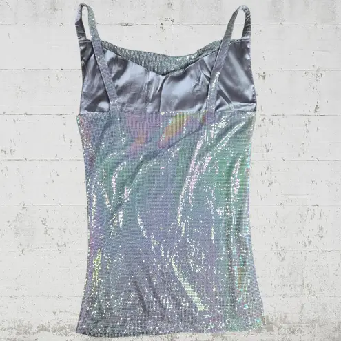 House of Harlow Iridescent Metal Mesh Disco Mini Dress Drape Neck Size Small NWT Silver