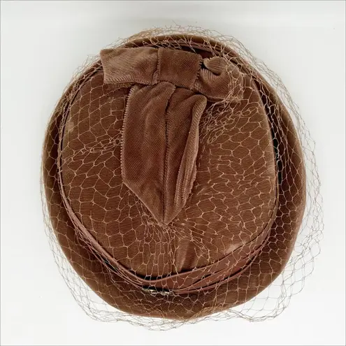 Vintage 50s 60s Brown Velvet Pill Box Hat with Mesh, Bow and Jewel Accent