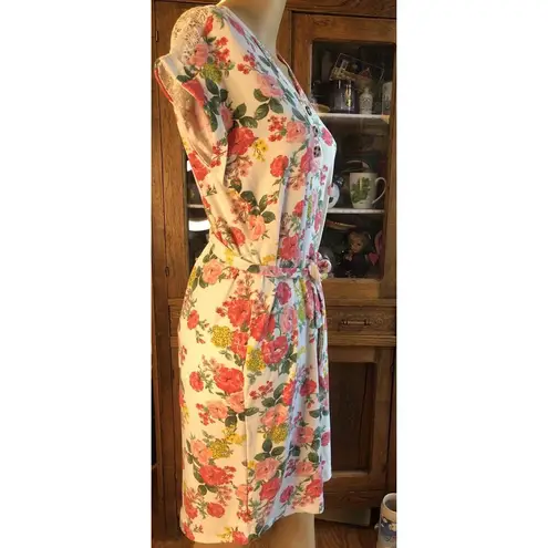 Bobbie & Brooks NWT Bobbie Brooks Pink Orange Floral Short Sleeve V Neck Belted Dress Small