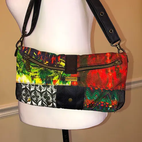 Desigual Colorful Patchwork Crossbody Shoulderbag w Flower Applique DSG Pull Tab