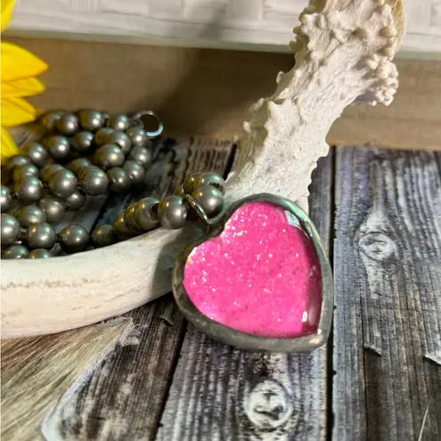 Pink Glittery Glass Heart Necklace on 20” Faux Navajo Silver Pearls