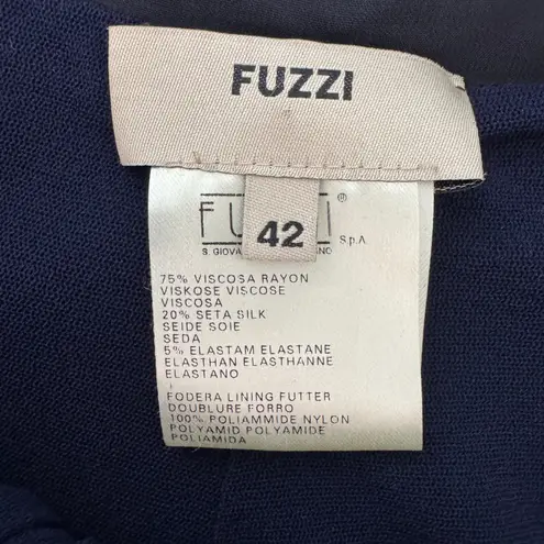 Fuzzi Halter Dress Size 42 US 6 Navy Silk Blend Ruched Ruffle Midi Elegant Chic Blue