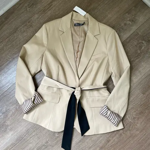 New York & Co. NWT Blazer Jacket Tan Beige Lined Printed Cuff 7th Avenue ~ Size 8