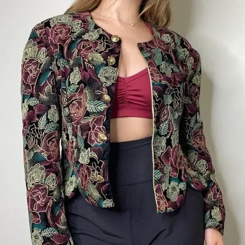 Another Thyme Vintage 90s Velvet Floral Gold Metallic Sparkle Blazer Size PM Black