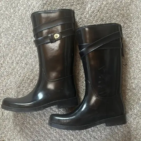 Coach Trisha II Turnlock Rain Patent Rubber Black Shiny Boots Gardener 7