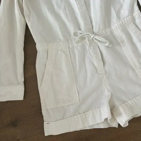 xirena georgie white collared romper waistband tie long sleeve