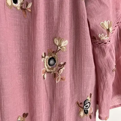 Anthropologie  Fig & Flower Pink Dress Embroidered 3/4 Bell Sleeve Boho Sz Small
