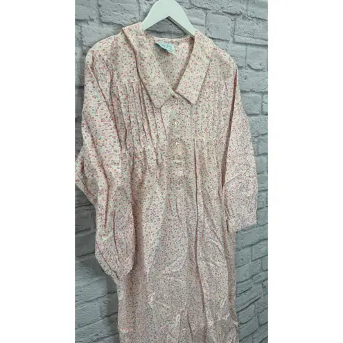 Vintage Amy Sue Flannel Nightgown Size M Peach Pink Floral Long Sleeve Cottage Size M
