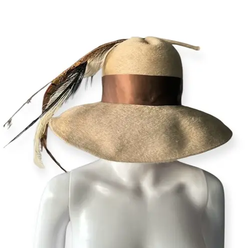 Vintage Lesile James Feathered Hat Wide Brim Wool Avant Garde Statement Piece Brown