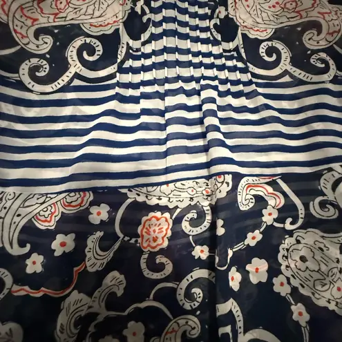 CAbi  Sleeveless Ruffle Neck Blouse Navy Blue Paisley Stripe Print Size XS