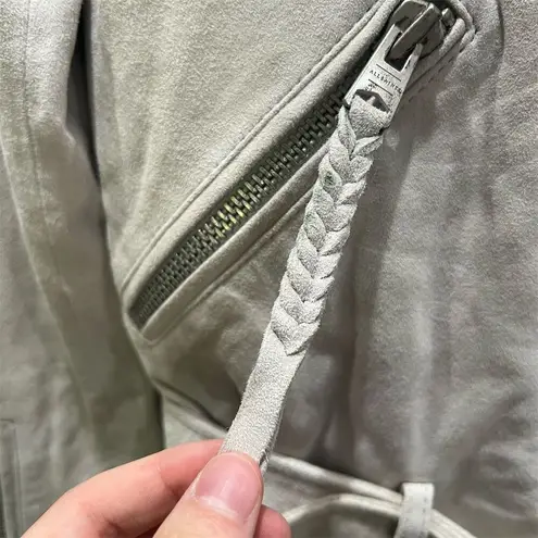 ALLSAINTS Women's Luna Blue Gray Green Leather Plait Balfern Biker Jacket Size 0