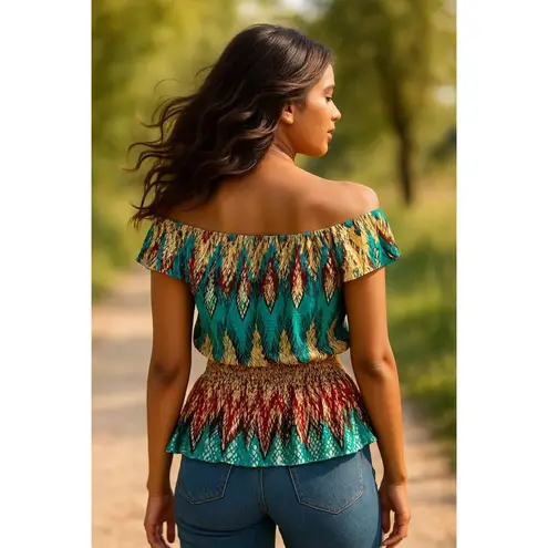 ACE Fashion Boho Peasant Blouse Festival Top Colorful Smocked Waist Ruffle Hem