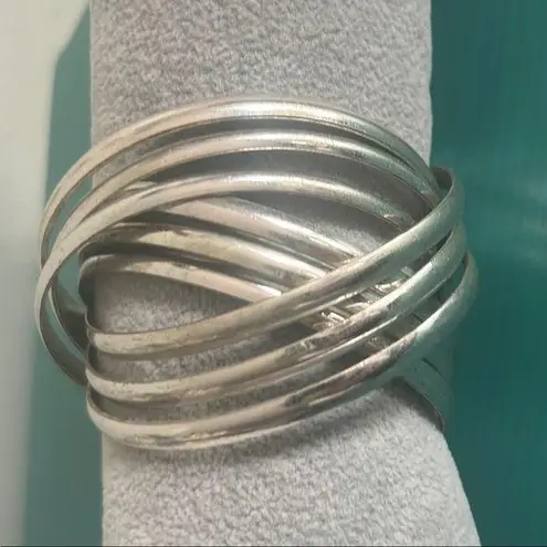 Silver Tone Sculptural Intertwined 9 Bangle Bracelets Asymmetrical Design