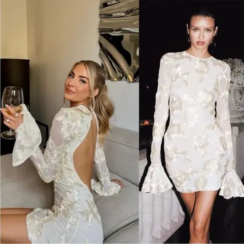 Rotate Birger Christensen Dress Rosita White Mesh Floral Back Cutout Mini US 12