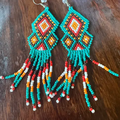 Boho Beaded Fringe Earrings – Turquoise Red Orange Southwest Diamond Pattern Blue