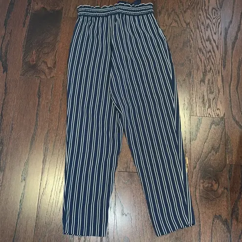 ZARA  Women’s Navy Blue & White Striped Paper Bag Tie Waist Stretchy Pants