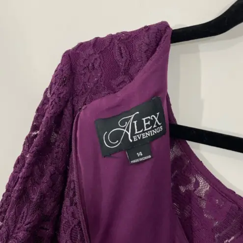 Alex Evenings NEW Purple One Piece Lace Jacket 3/4 Sleeve Cocktail Dress 14