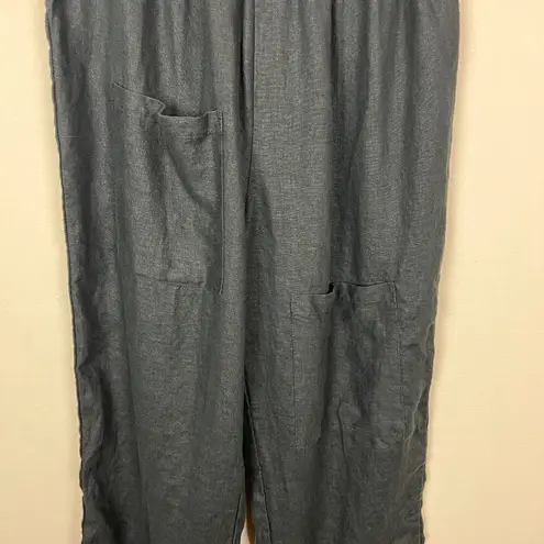 Linen Pants Womens Large Black Lagenlook Minimalist Straight Leg Cropped Stretch