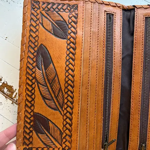 Tooled embellished turquoise stone leather wallet with dream catcher feather Brown