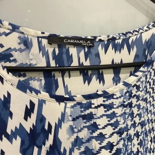 CARAMELA Women's White Blue Geometric Pattern Long Sleeve Blouse Dress Top Sz S