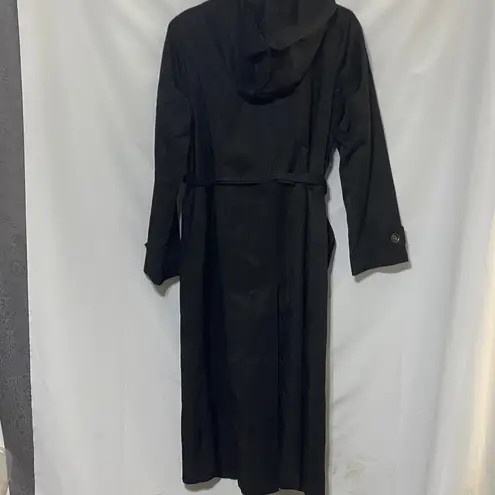 London Fog Women's Small Black Hooded BLETED Trench Coat with Purple Lining EUC