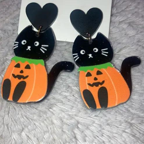 Earrings Black & Orange Cat Sparkly Pumpkin Jack