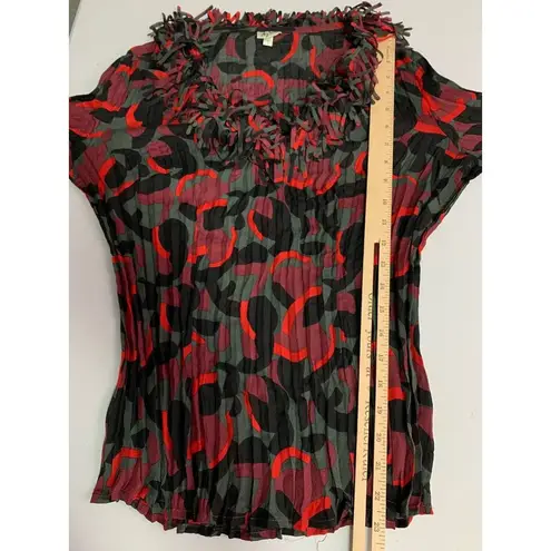Vintage Crinkle Y2K 90s 2000s Blouse Top Small Red Black Abstract Fringe Fairy