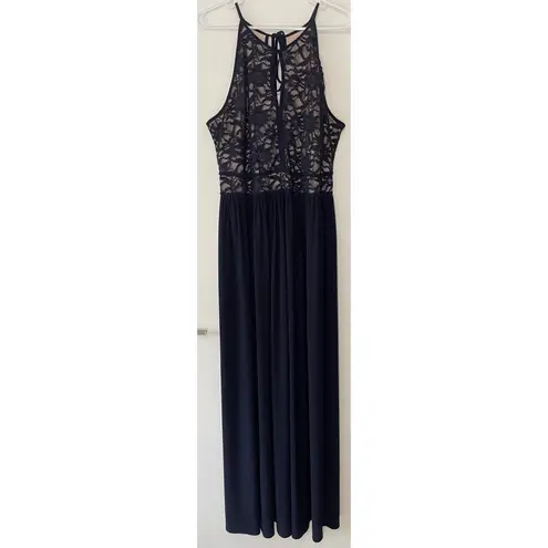 Nightway Navy Lace Keyhole Halter Dress