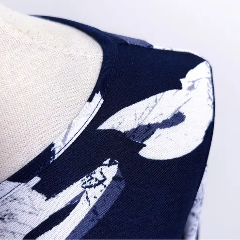 Clara Sun Woo Blue White Floral Leaves Keyhole Boat Neck 3/4 Sleeve Sharkbite L Size L