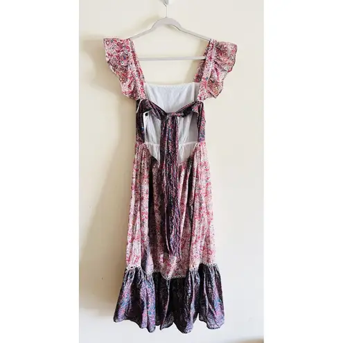 Haute Hippie Maxi Dress Boho Flutter Sleeve Cotton Flounce Hem Floral Sz 12