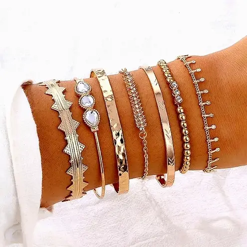 Boutique NEW Solid Gold Plated 7 pc Boho Stacking Bracelet Set