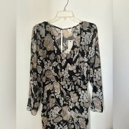 River Island black floral deep v long sleeve dress size 10 NWT