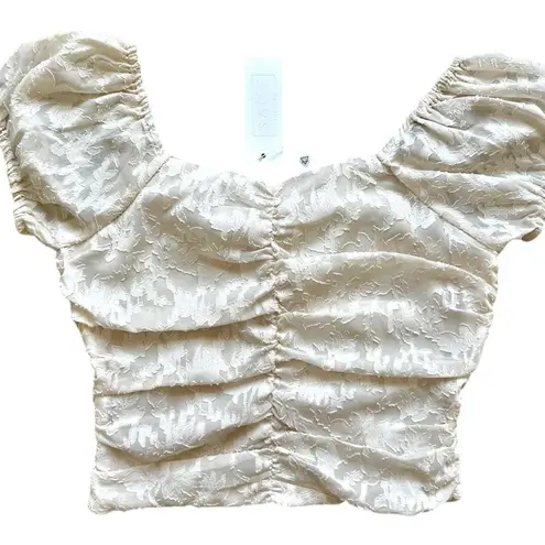 Sage The Label Womens Jeanne Crop Top Size M Ivory Lace Ruching Cap Sleeve NWT