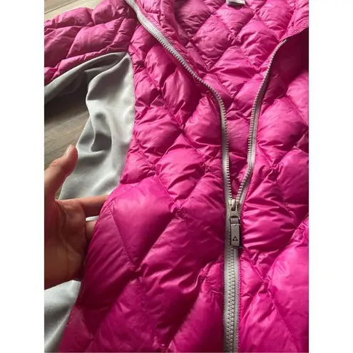 Gerry Puffer Jacket Hooded Down 650 Fill Girls Large 14 / 16 Pink Grey Full Zip