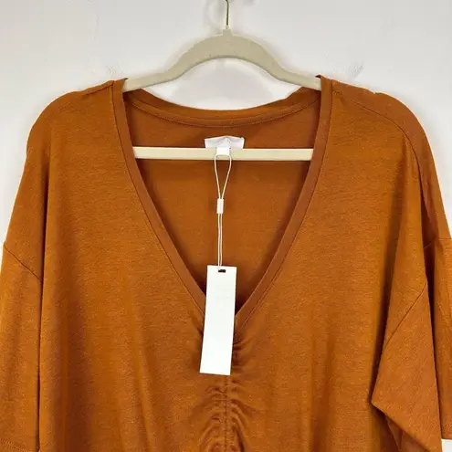 Every Linen Blend Knit Top Cinched Ruched Copper Orange Comfy Cropped Large NWT