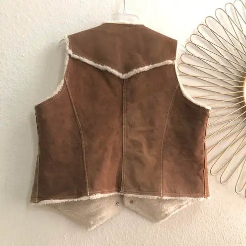 Vintage Sears Brown Western leather suede jacket coat vest shirt top white faux fur sherpa REVERSIBLE w/two pockets #boho #country #indie #hippie #festival bohemian Size XL - Image 2