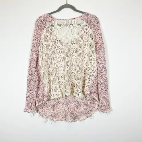 Free People Poppyseed Cotton Marled Knit Sheer Lace Back V Neck Pullover Sweater