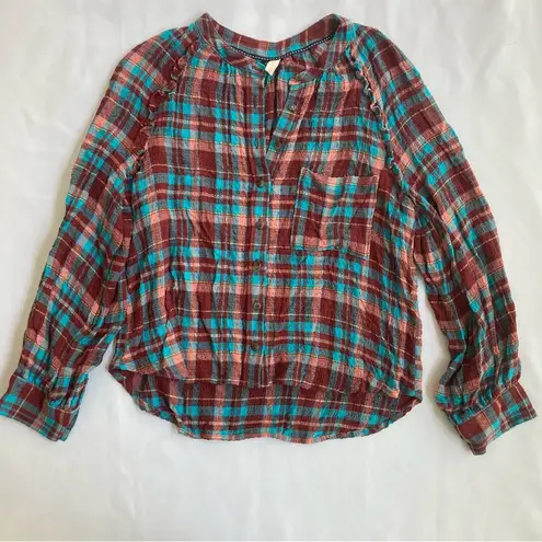 Pilcro Anthropologie Plaid Long Sleeve Buttondown Shirt in Coral