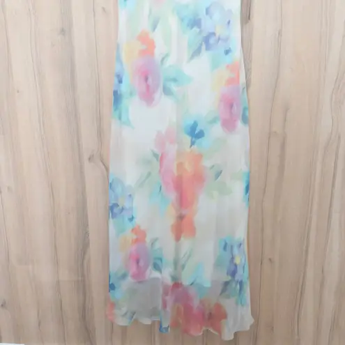Taylor Womens Watercolor Midi Dress Size 12 Pastel Floral Ruffle Romantic Flowy White