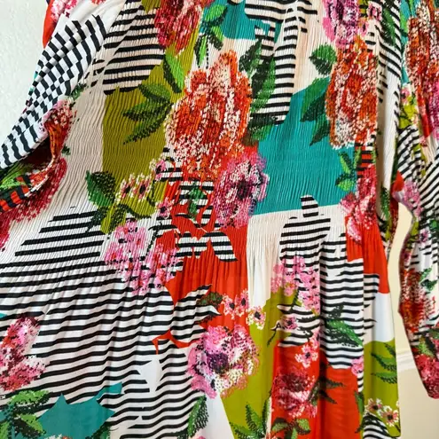 Bohemian Bright Floral Tunic Top Lightweight Stretch Blouse Ruffle Modest Office Pink Size L