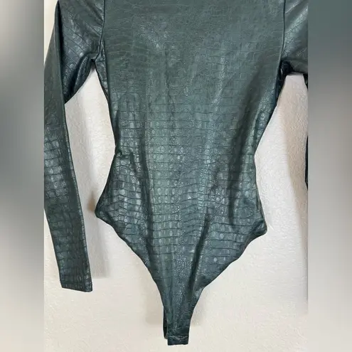 Naked Wardrobe Crocodile Collection Faux Leather Long Sleeve Bodysuit Green XS