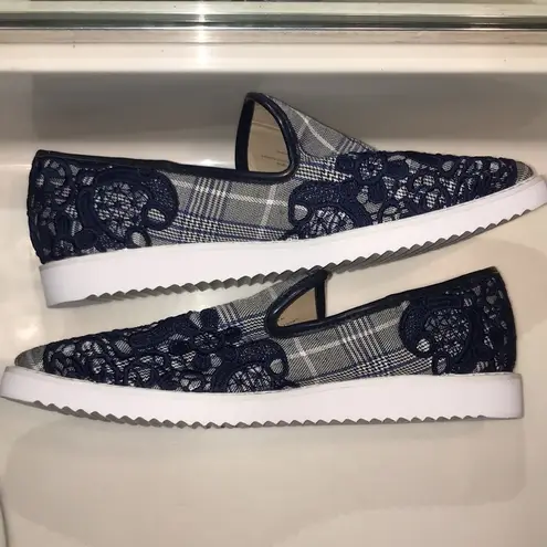 Karl Lagerfeld Paris Women’s Carly Plaid Fabric Floral Embroidered Slip-On Shoes