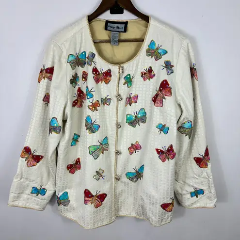 Indigo Moon Butterfly Embroidered Jacket Womens 1X Cream Sequin Whimsical Artsy